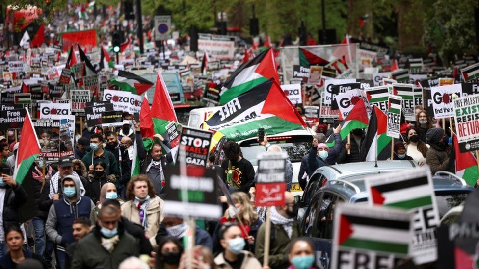 People expressing support for the Palestinians marched through Hyde Park towards the Israeli embassy