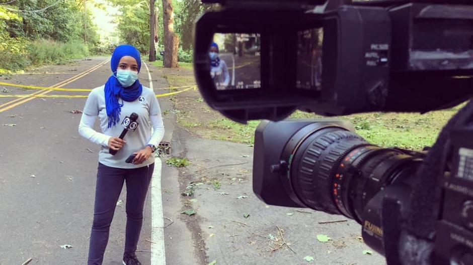 Ayah Galal on the scene of a story for WFSB in Connecticut. Galal is the first reporter in Connecticut to wear the hijab on the air. Ayah Galal / WFSB