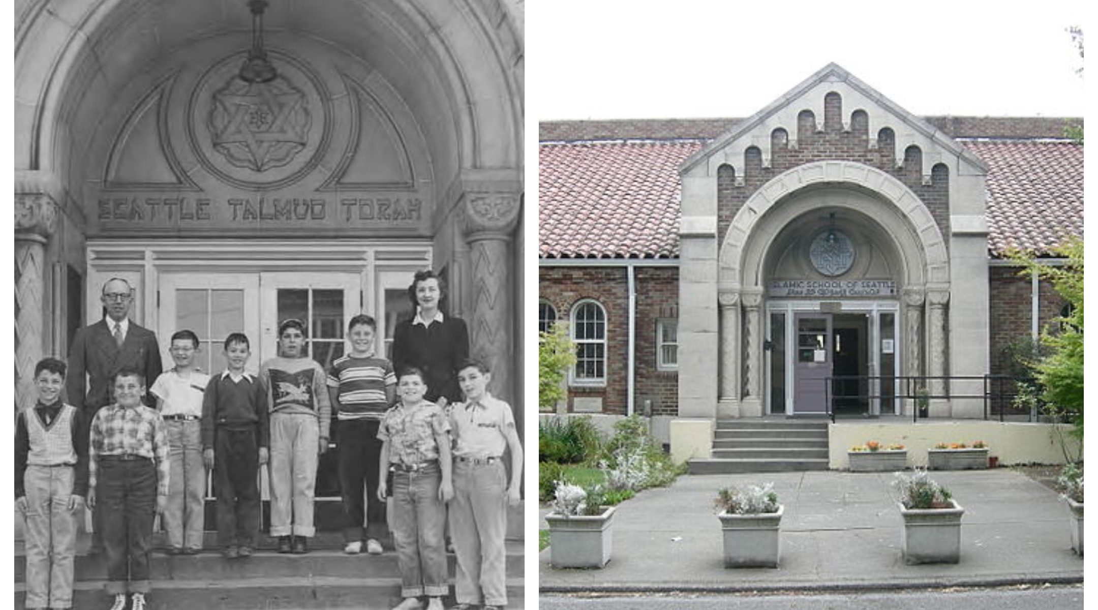 Left: The Seattle Talmud Torah Class of 1949. (UW Special Collections/Washington State Jewish Archives); right: The Islamic School of Seattle in 2007. (Joe Mabel/Wikimedia Commons)