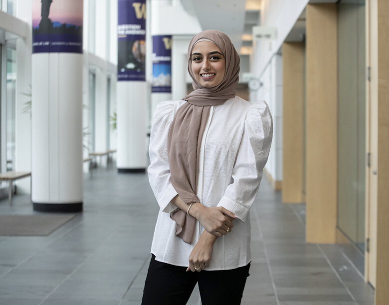 Malak Shalabi, photographed last month, is one of the first hijab-wearing women to attend UW’s Law School, and may be the first to graduate wearing the hijab. (Steve Ringman / The Seattle Times)