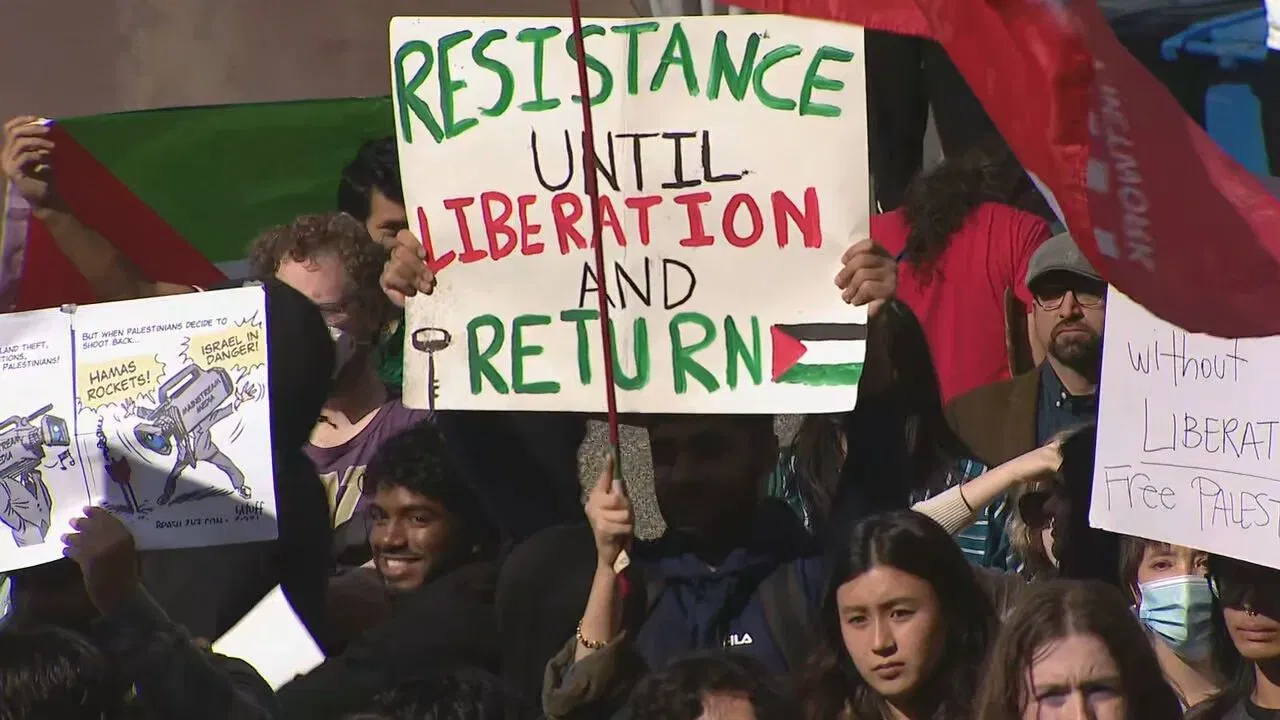 Hundreds of people showed up to the Super UW "Day of Resistance: Protest for Palestine" event at the University of Washington's Red Square on Thursday, Oct. 12, 2023. (KOMO News)