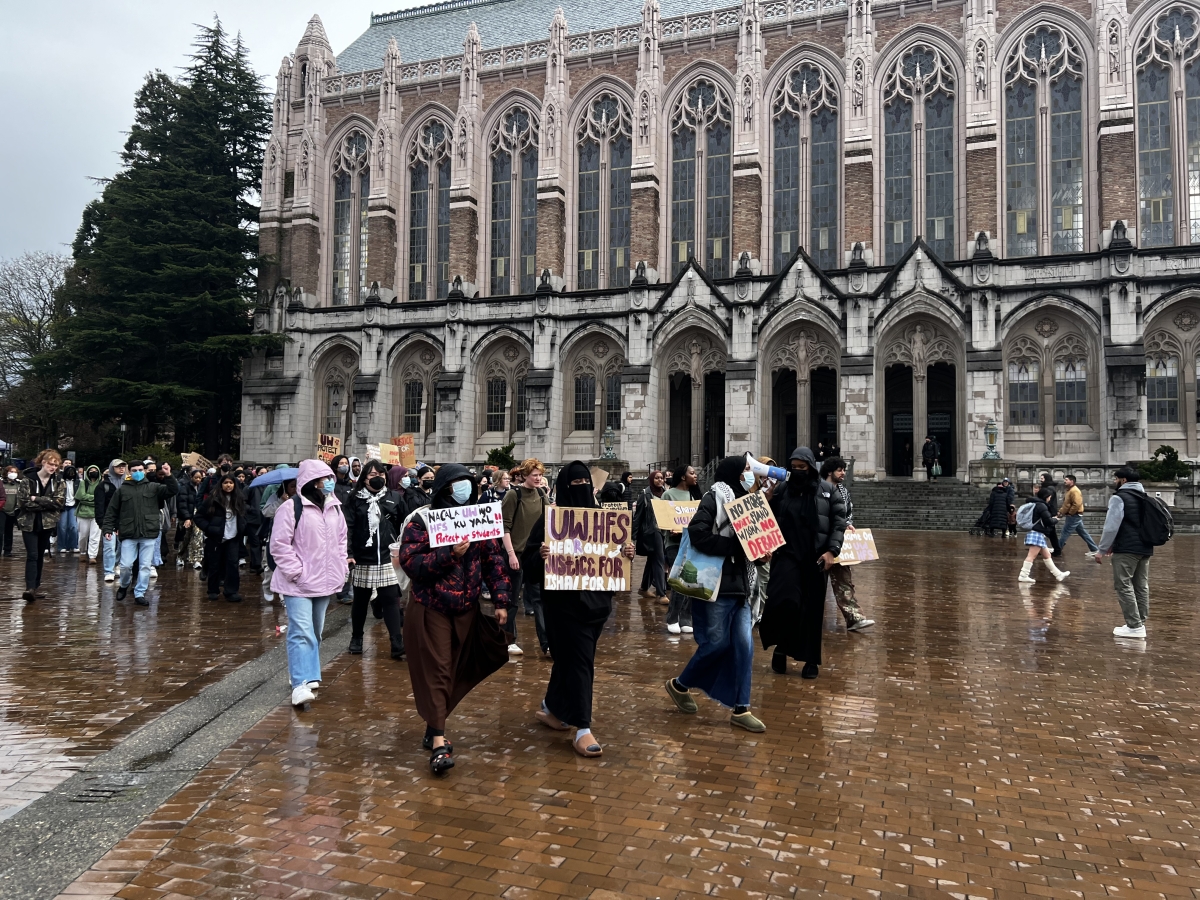 Students and supporters march through the University of Washington Red Square in protest of the recent on-campus Islamophobic attacks and what they consider the university’s lackluster response, March 28. (Photo by Marian Mohamed.)